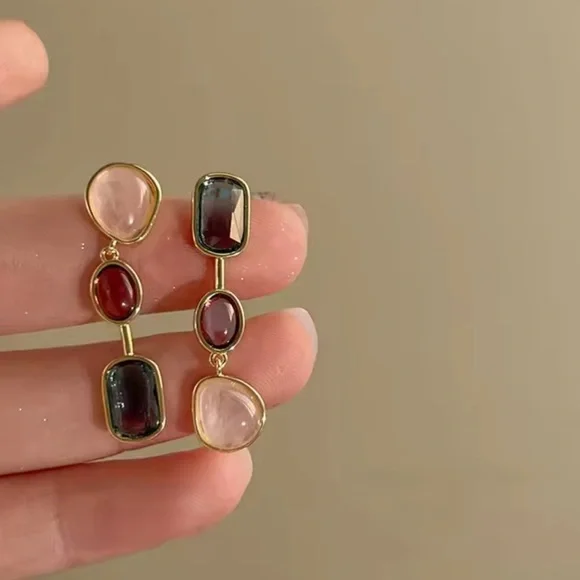 Elegant Gold and Multicolor Stone Earrings - Picture 6 of 6